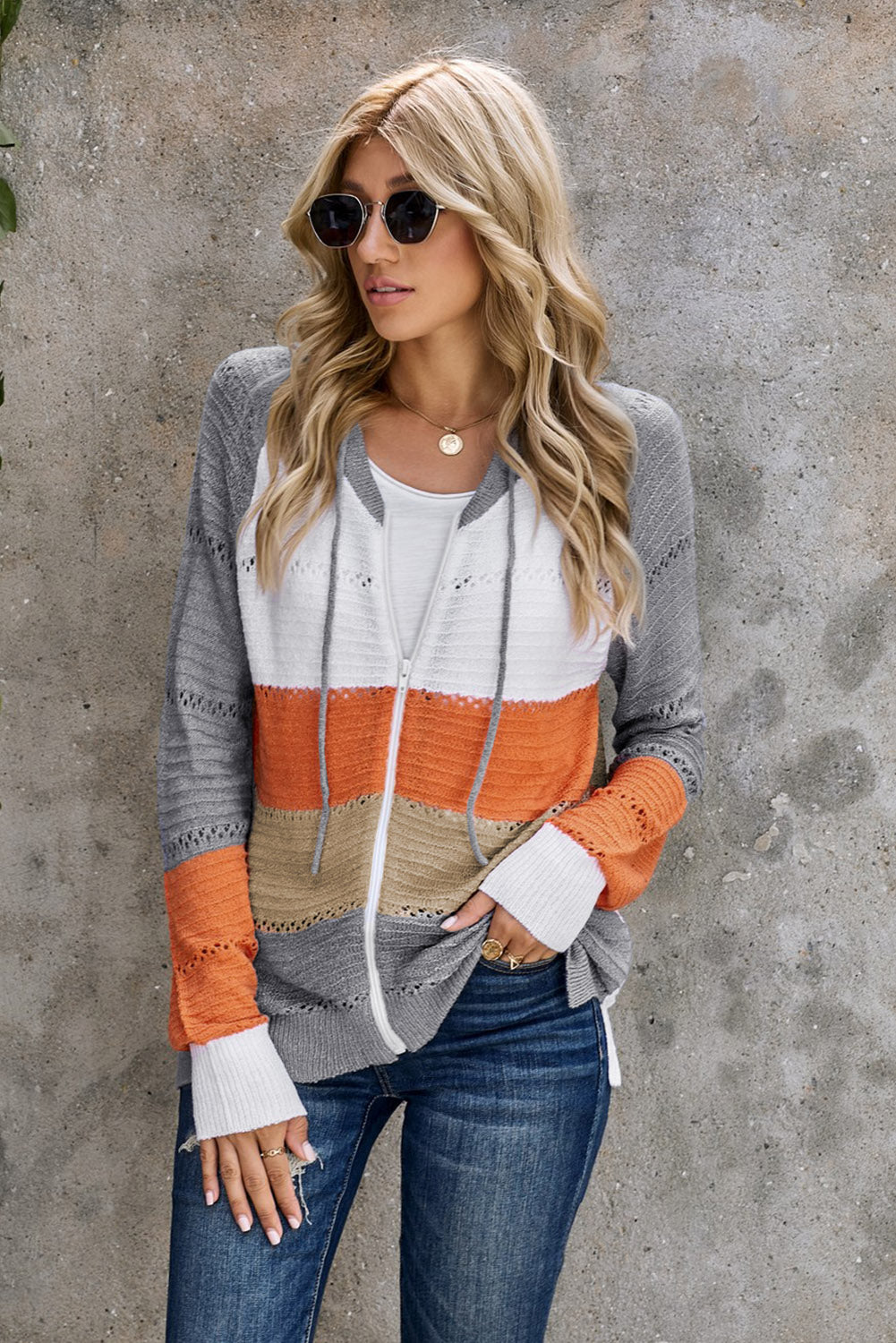 Zip-Up Raglan Sleeve Openwork Hooded Cardigan S-2XL