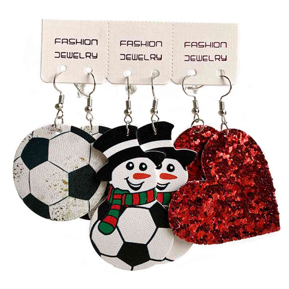 Winter and Sports Themed Snowman, Ball, and Heart Faux Leather Earrings Sets of 3 Pairs