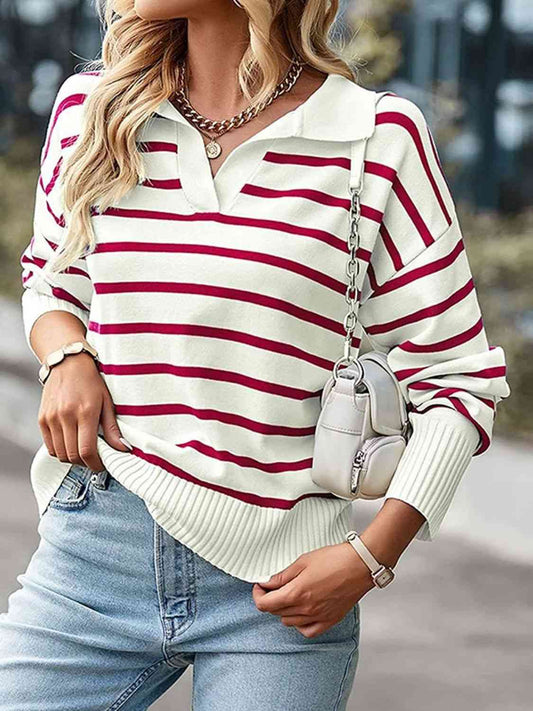 Ivy League Striped Collared Neck Knit Top