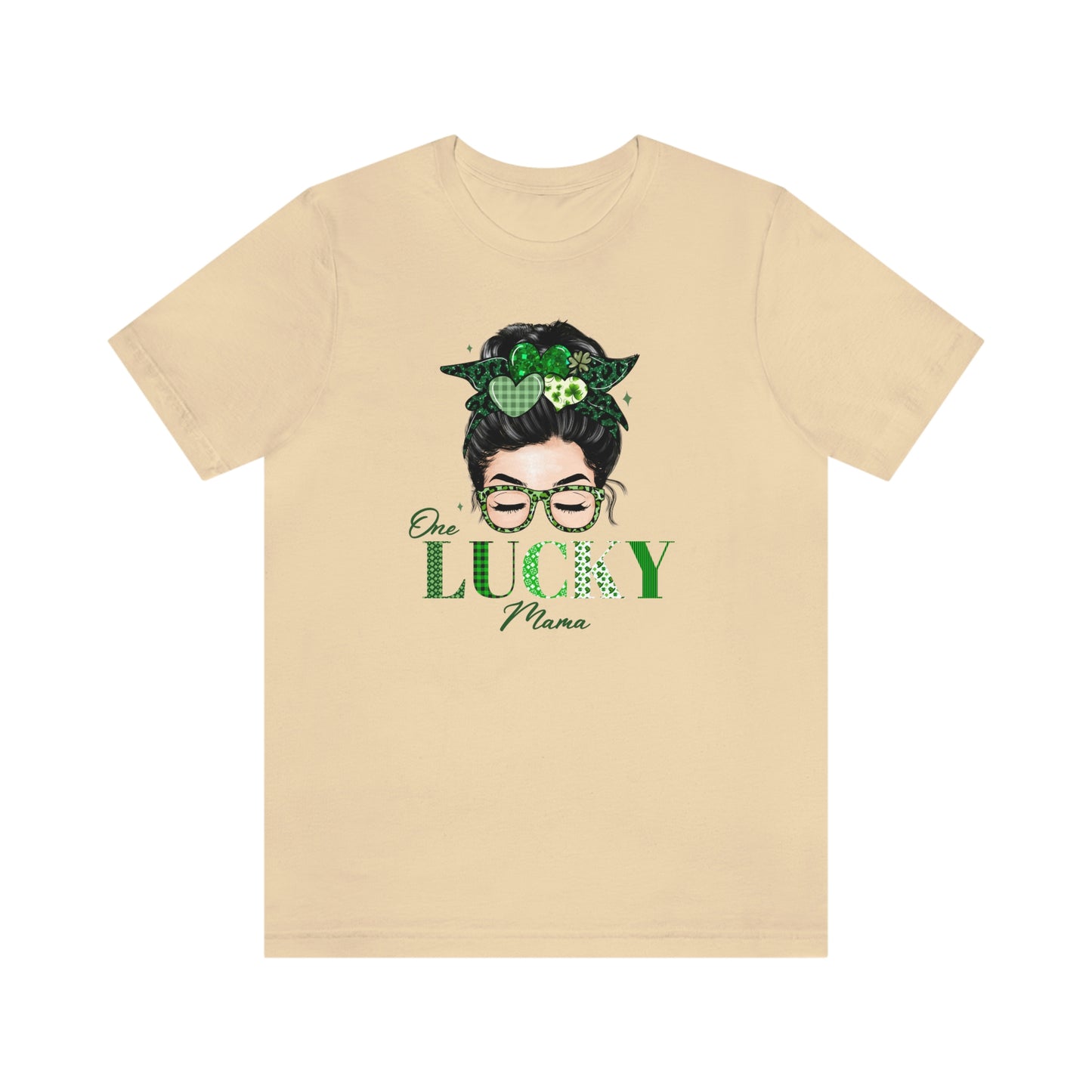 One Lucky Mama St. Patrick's Day Messy Bun Sunglasses Unisex Jersey Short Sleeve Tee S-3XL