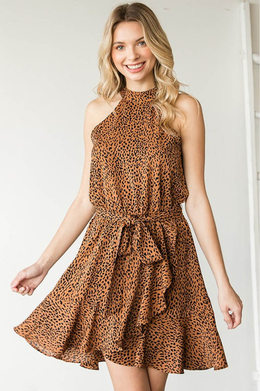 Leila Leopard Belted Sleeveless Halter Mini Dress Small-3X