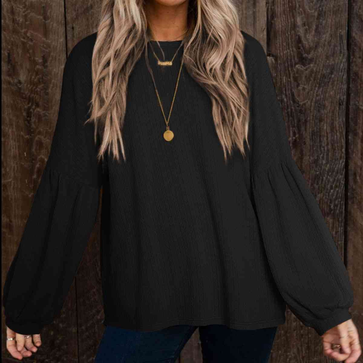 Round Neck Long Sleeve Ruched Blouse
