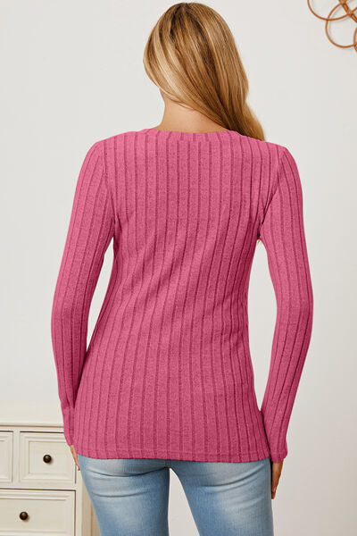 Basic Bae Stretchy Ribbed V-Neck Long Sleeve Casual Top S-3XL