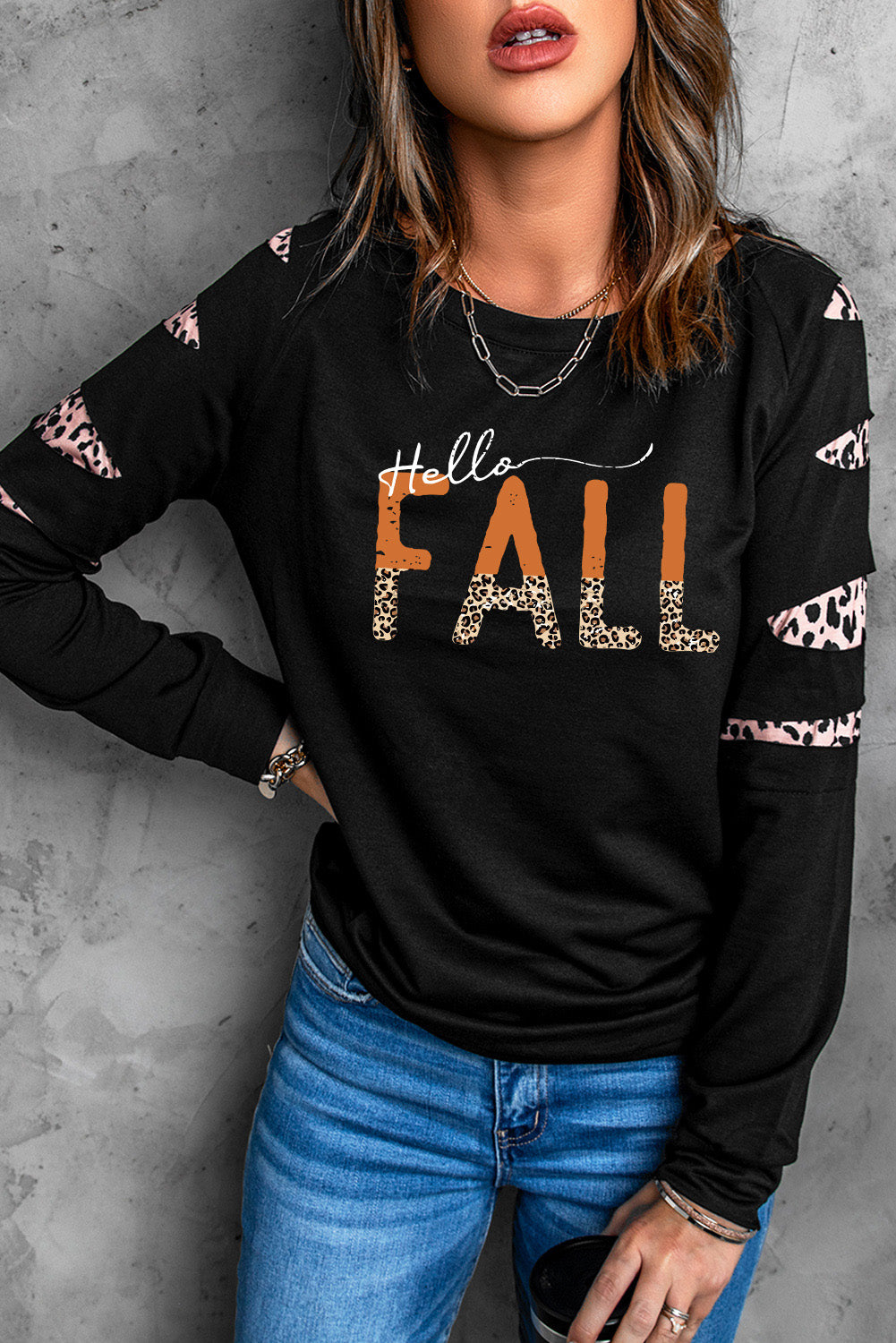 Double Take Leopard Long Sleeve Round Neck HELLO FALL Graphic Sweatshirt