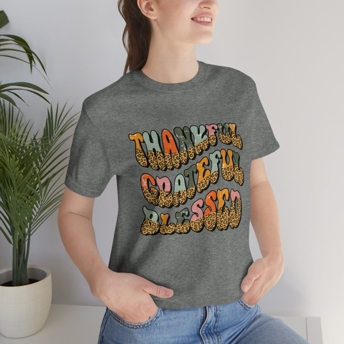 Thankful Grateful Blessed Leopard Print Unisex Jersey Short Sleeve Tee S-4XL