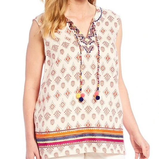 CHELSEA & THEODORE Pom Tassel Embroidered Top Plus 2X-3X
