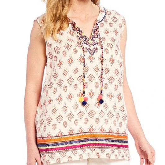 CHELSEA & THEODORE Pom Tassel Embroidered Top Plus 2X-3X