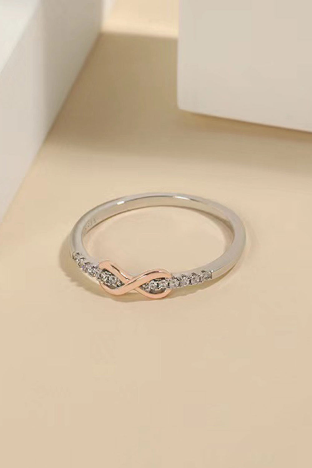 Infinity Zircon Crisscross Two Tone Sterling Silver and Rose Gold Ring