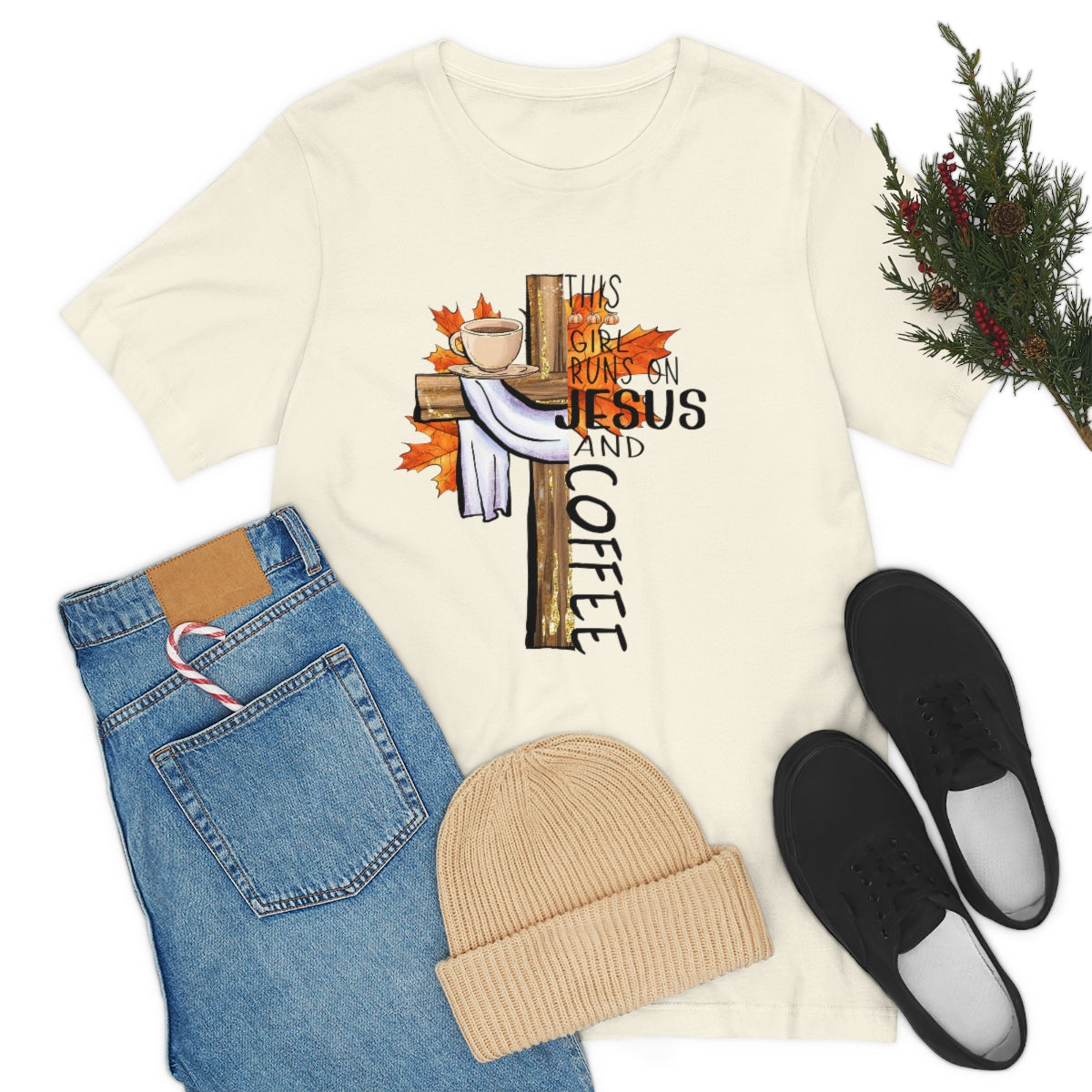 This Girl Runs on Jesus and Coffee Fall Unisex Jersey Short Sleeve Tee S-3XL