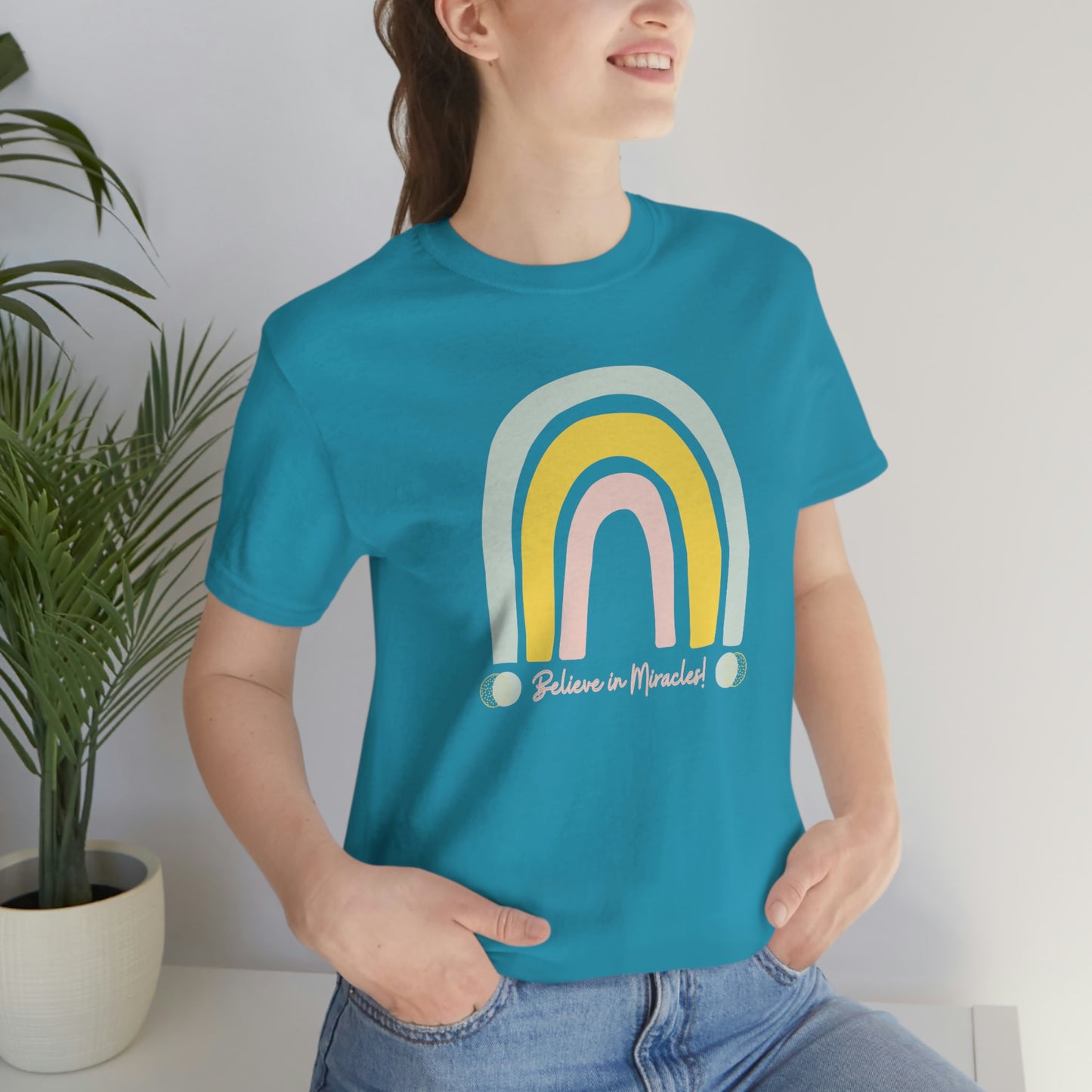 Believe in Miracles Trendy Boho Rainbow Unisex Jersey Short Sleeve Tee Small-3XL