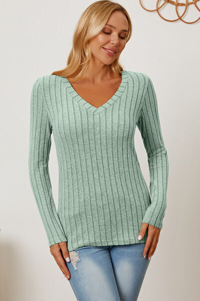 Basic Bae Stretchy Ribbed V-Neck Long Sleeve Casual Top S-3XL