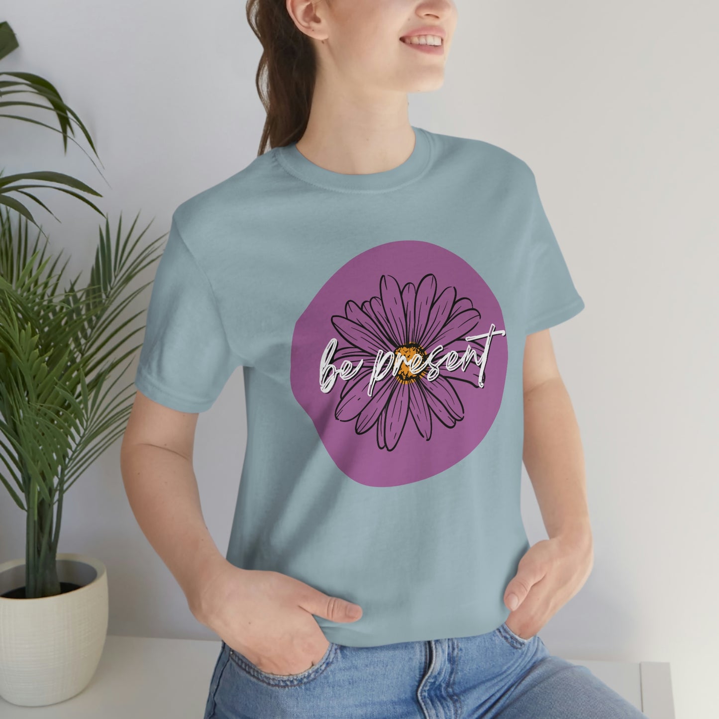 Be Present Purple Daisy Floral Positive Message Happy Thoughts Unisex Jersey Short Sleeve Tee Small-3XL