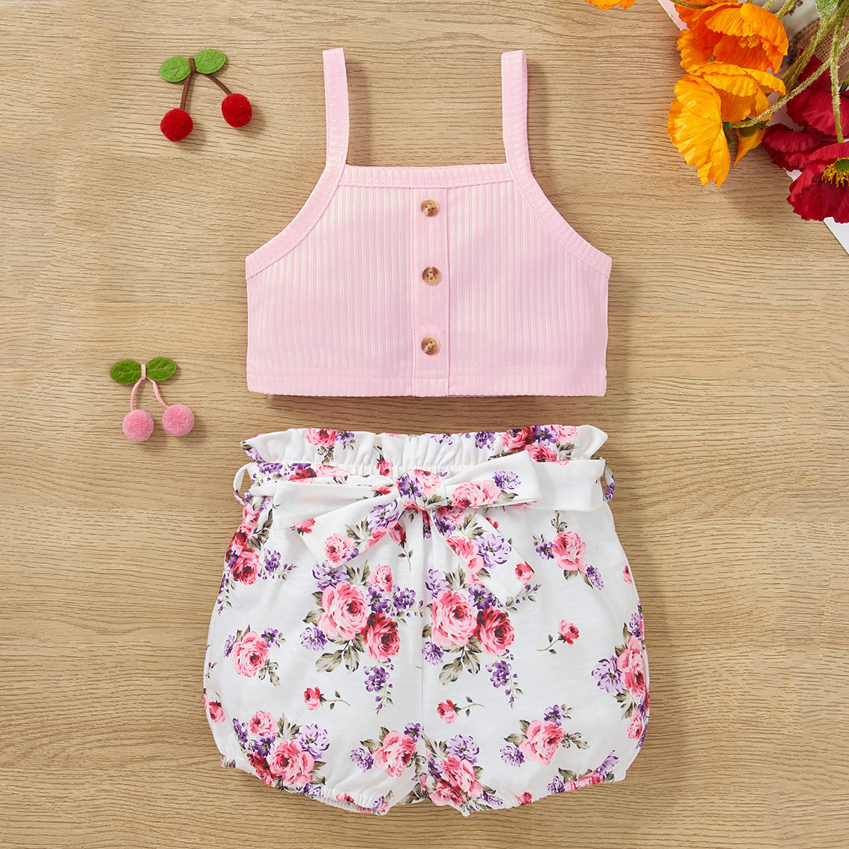 Decorative Button Tank and Floral Shorts Set