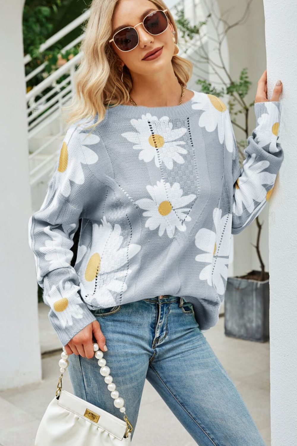Spring Daisy Print Openwork Round Neck Sweater S-XL