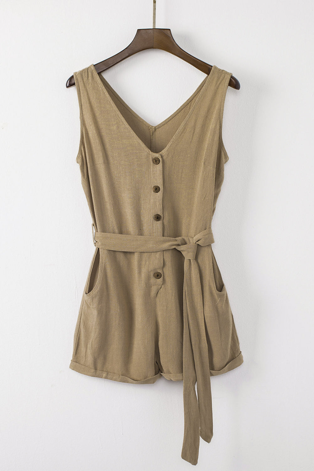 Sophisticated Safari Tie-Waist Buttoned Plunge Sleeveless Romper Small-2XL