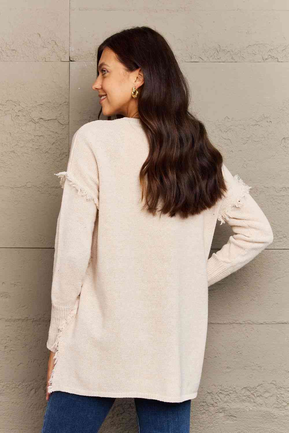 Ninexis Full Size Buttoned Dropped Shoulder Raw Hem Pullover Sweater