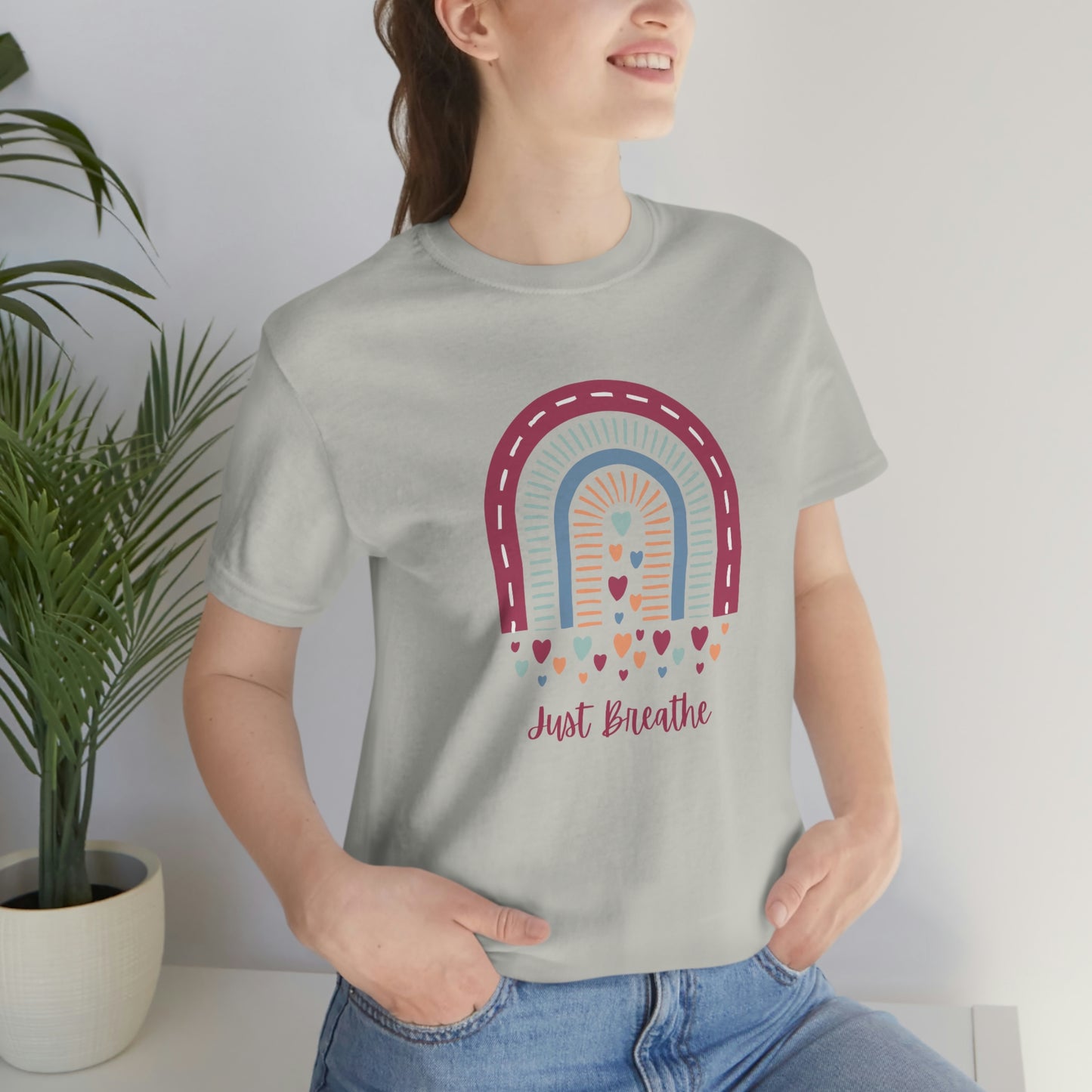 Just Breathe Rainbow Hearts Unisex Jersey Tee S-3XL