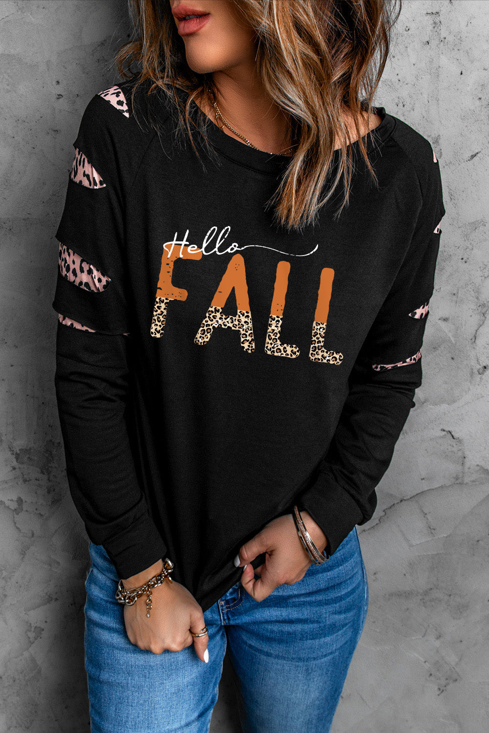 Double Take Leopard Long Sleeve Round Neck HELLO FALL Graphic Sweatshirt