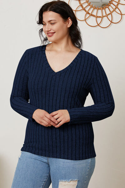 Basic Bae Stretchy Ribbed V-Neck Long Sleeve Casual Top S-3XL