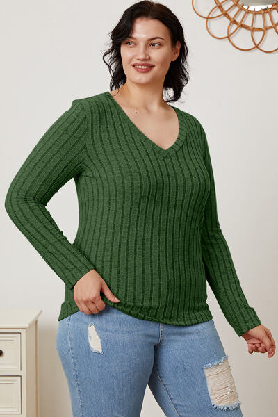 Basic Bae Stretchy Ribbed V-Neck Long Sleeve Casual Top S-3XL