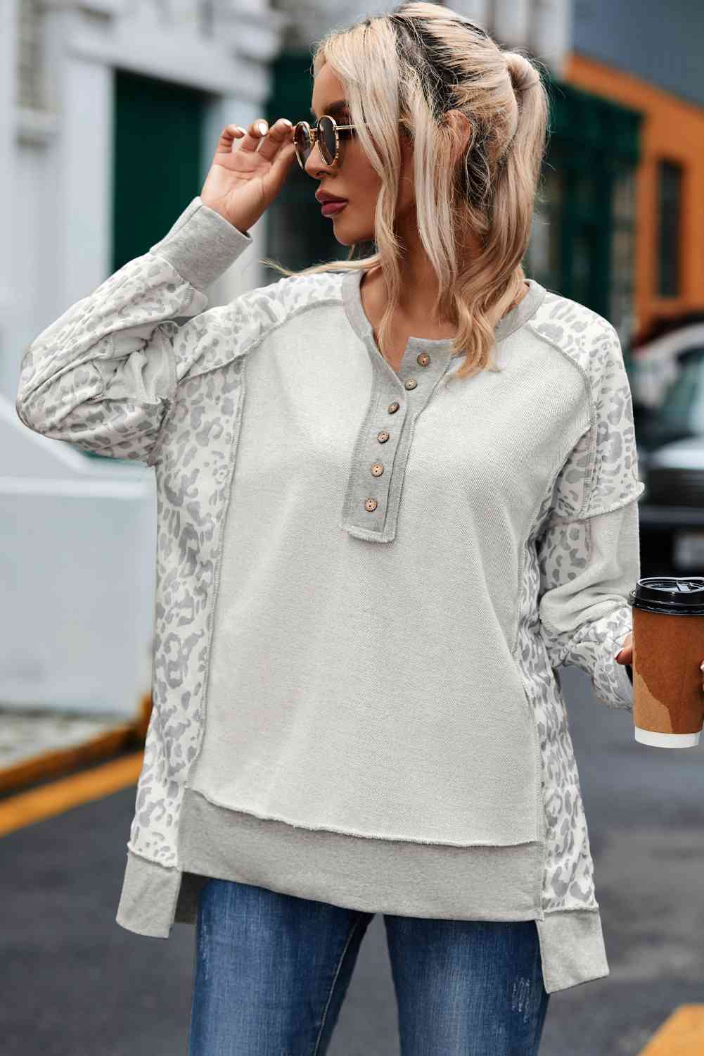 Leopard Exposed Seam Buttoned Round Neck Blouse