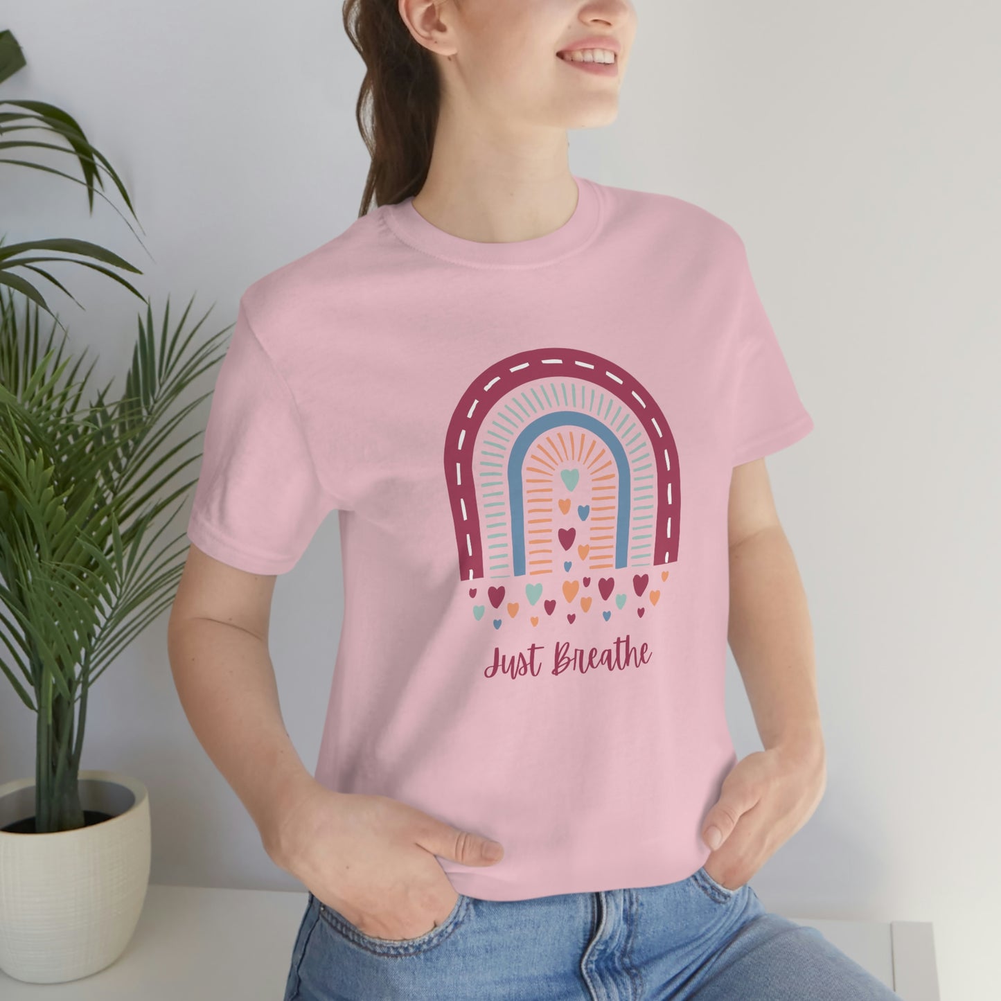 Just Breathe Rainbow Hearts Unisex Jersey Tee S-3XL