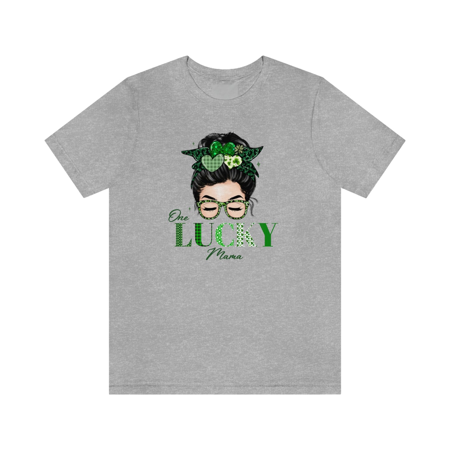 One Lucky Mama St. Patrick's Day Messy Bun Sunglasses Unisex Jersey Short Sleeve Tee S-3XL