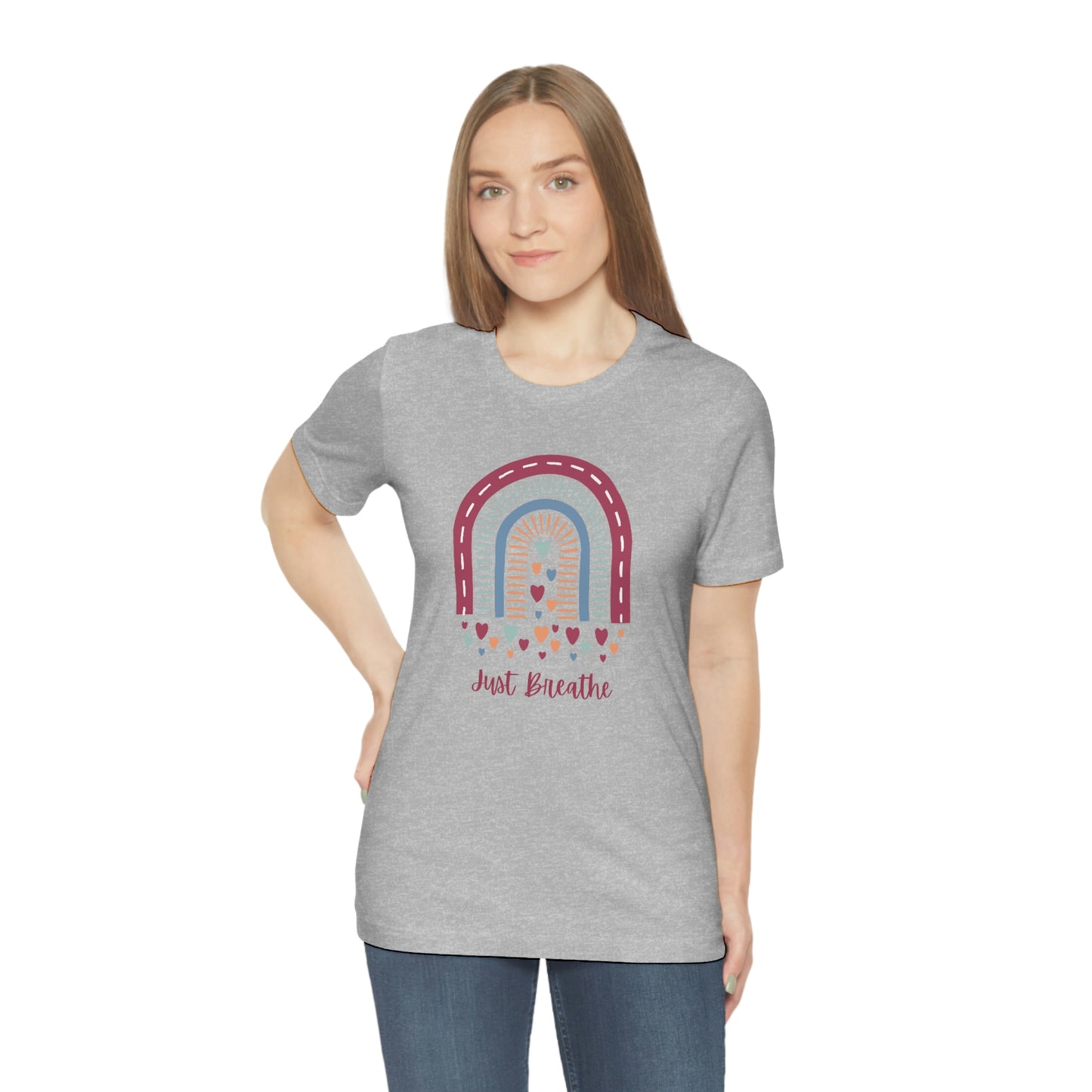 Just Breathe Rainbow Hearts Unisex Jersey Tee S-3XL