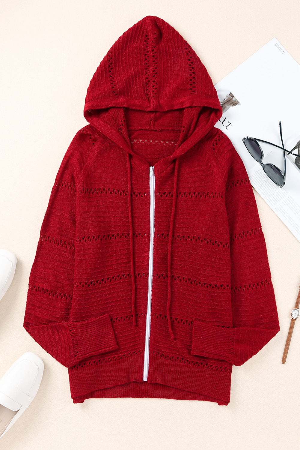 Zip-Up Raglan Sleeve Openwork Hooded Cardigan S-2XL