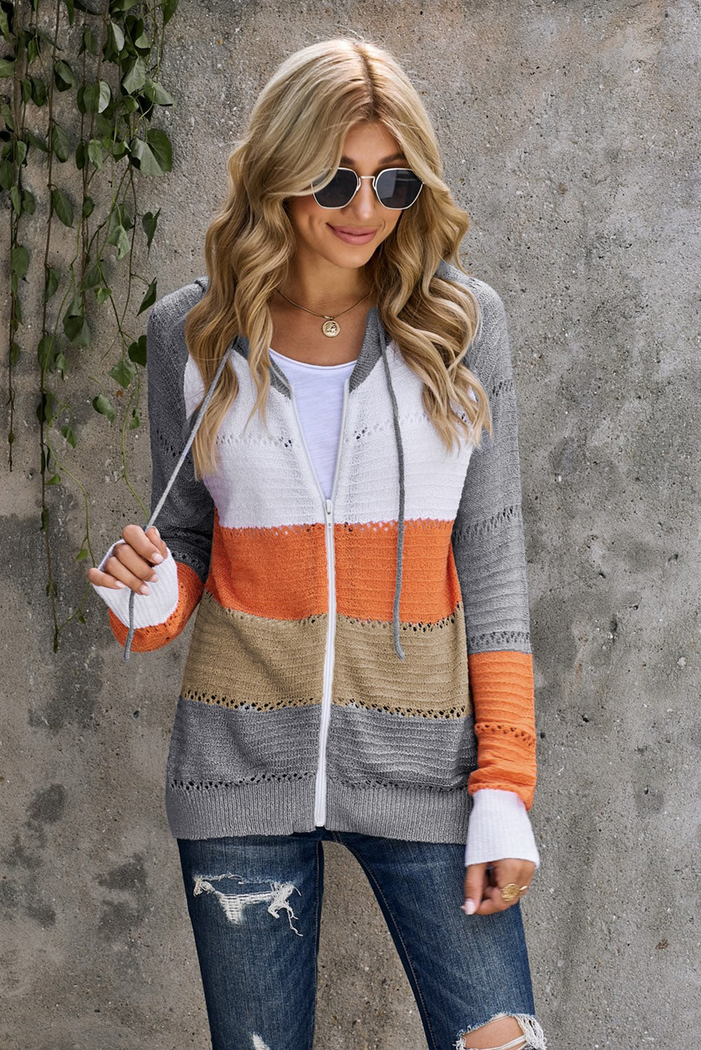 Zip-Up Raglan Sleeve Openwork Hooded Cardigan S-2XL