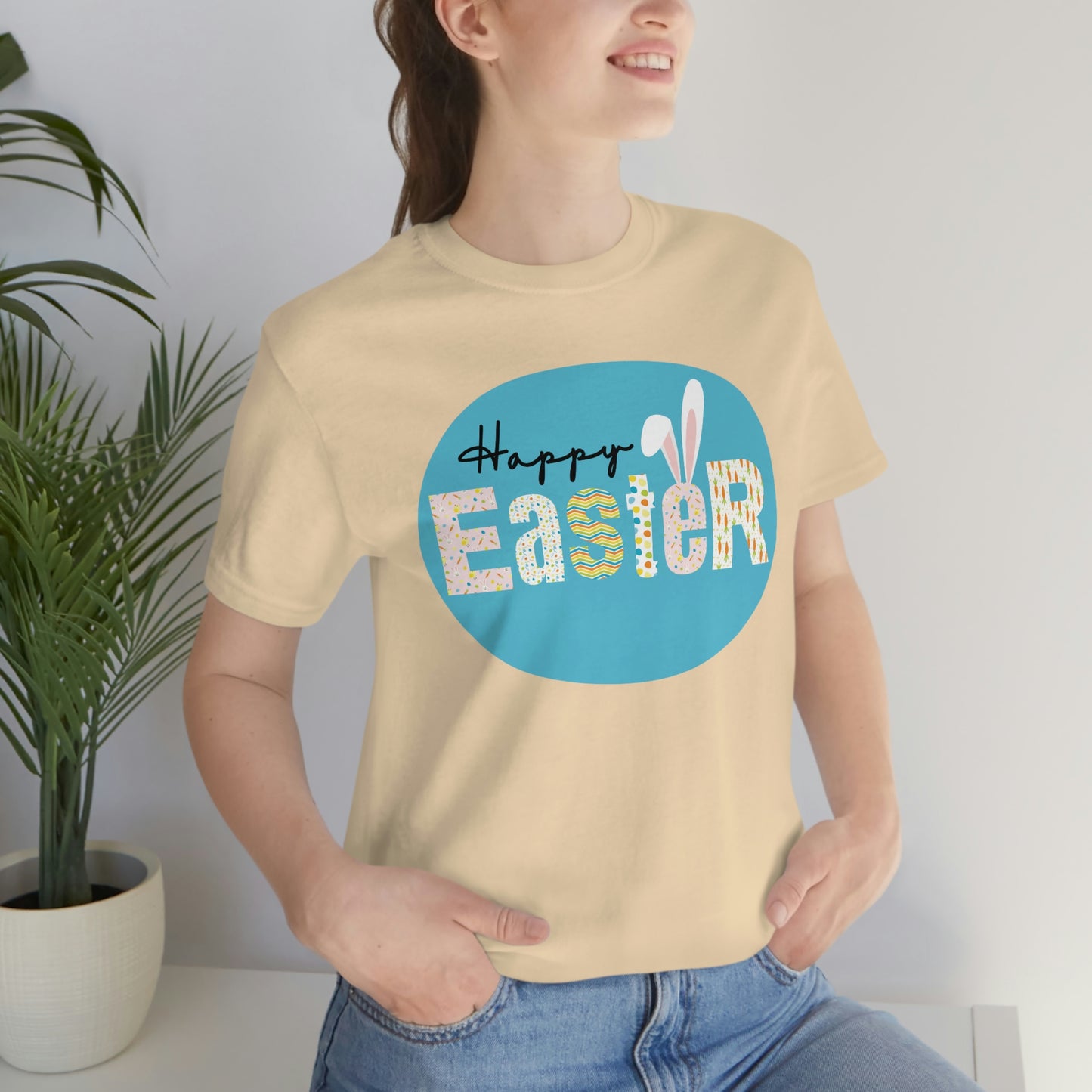 Happy Easter Decorated Letters with Bunny Ears Spring Unisex Jersey Short Sleeve Tee Small-3XL