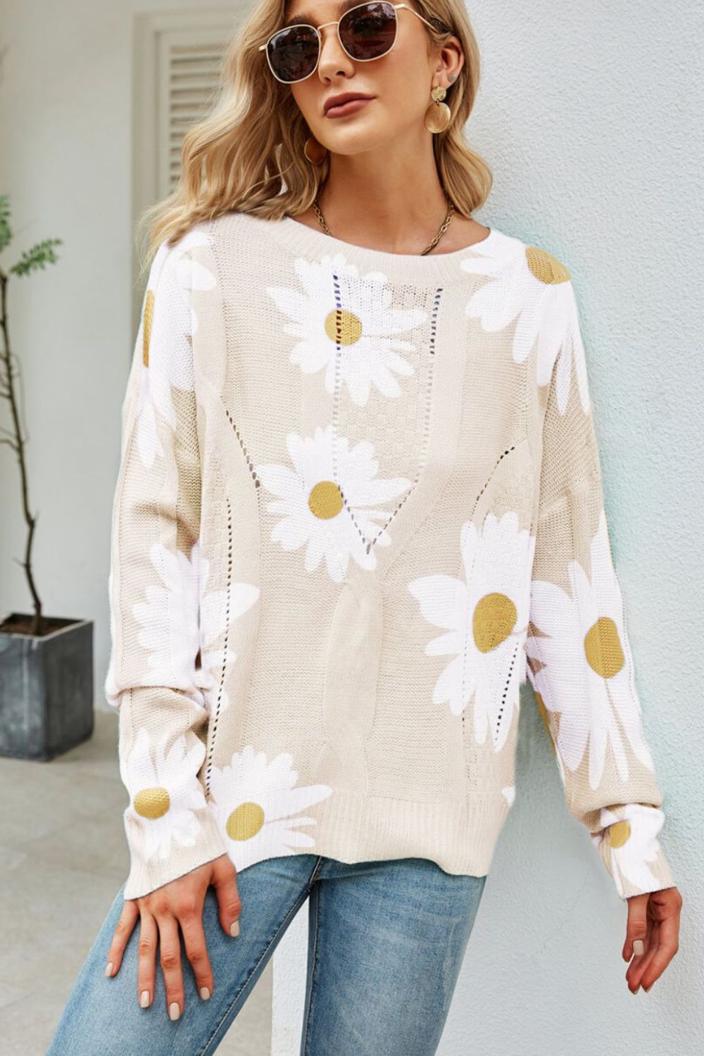 Spring Daisy Print Openwork Round Neck Sweater S-XL