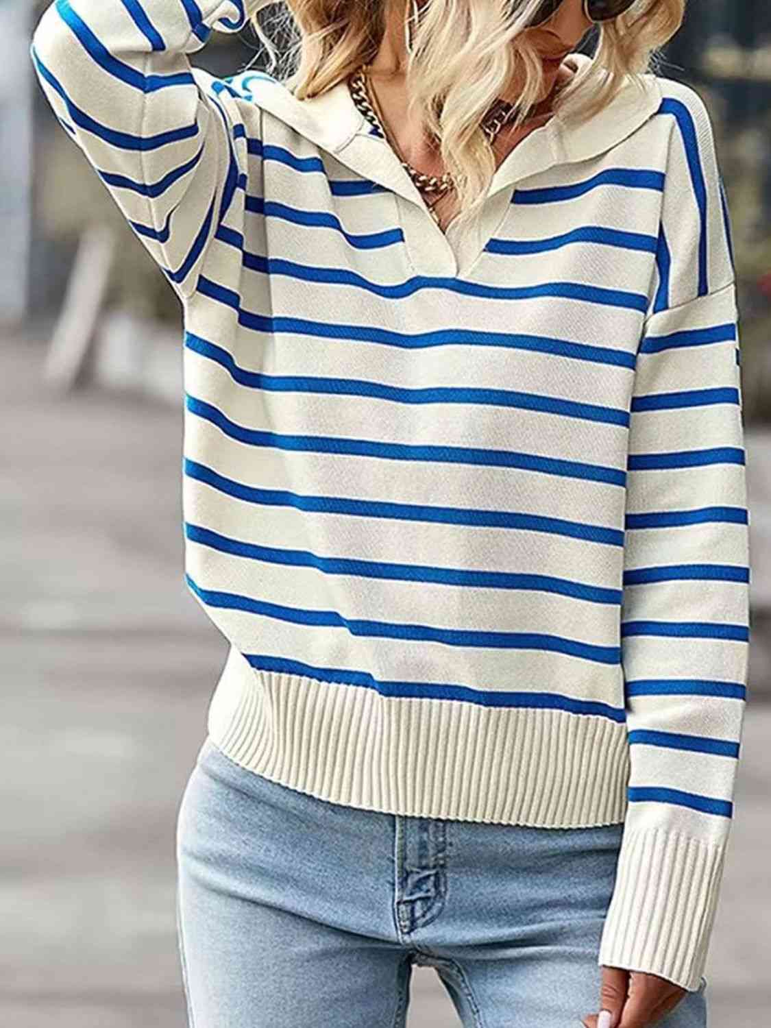 Ivy League Striped Collared Neck Knit Top