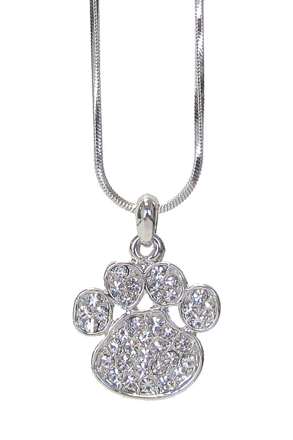 Paw Print Necklace White Gold Plated Pendant with Crystals