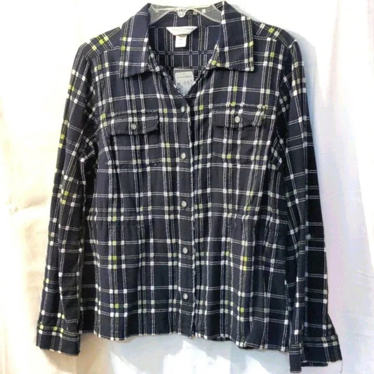 CHRISTOPHER & BANKS Navy Plaid Button Up Top Petite Med