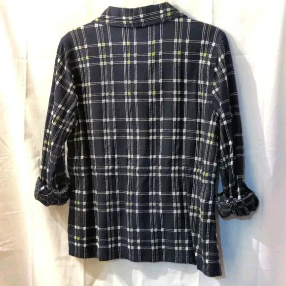 CHRISTOPHER & BANKS Navy Plaid Button Up Top Petite Med