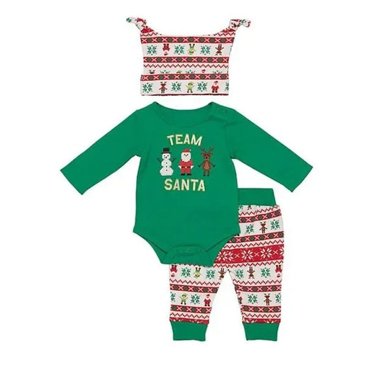 Team Santa Green Red 3 Piece Set Hat Snowman Reindeer Christmas Holiday 0-3 Mos.