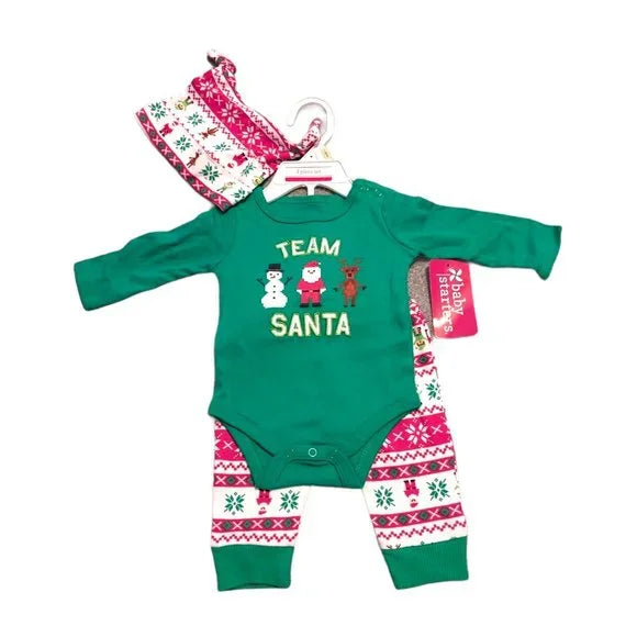 Team Santa Green Red 3 Piece Set Hat Snowman Reindeer Christmas Holiday 0-3 Mos.