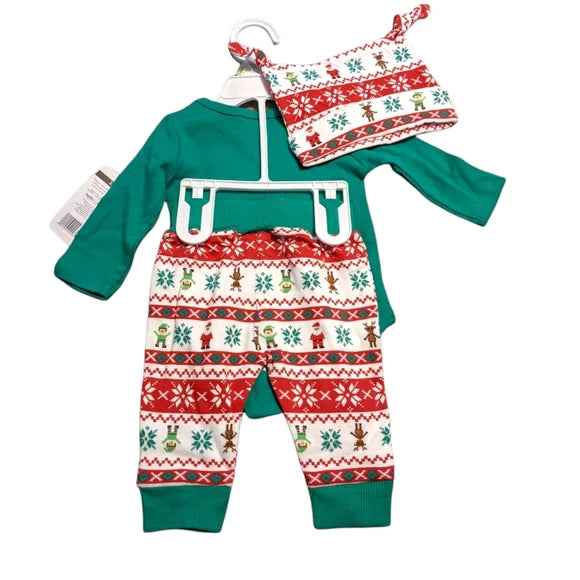Team Santa Green Red 3 Piece Set Hat Snowman Reindeer Christmas Holiday 0-3 Mos.