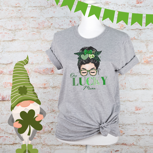 One Lucky Mama St. Patrick's Day Messy Bun Sunglasses Unisex Jersey Short Sleeve Tee S-3XL