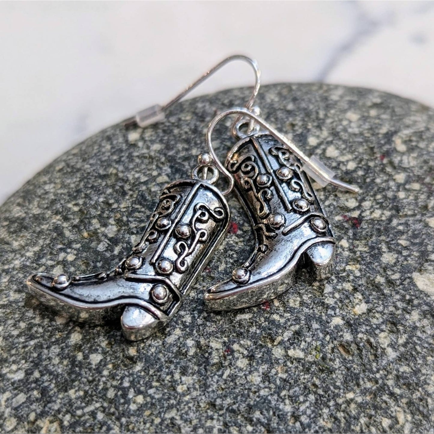 Silver Western Cowgirl Cowboy Boot Hook Earrings with a Distressed Look