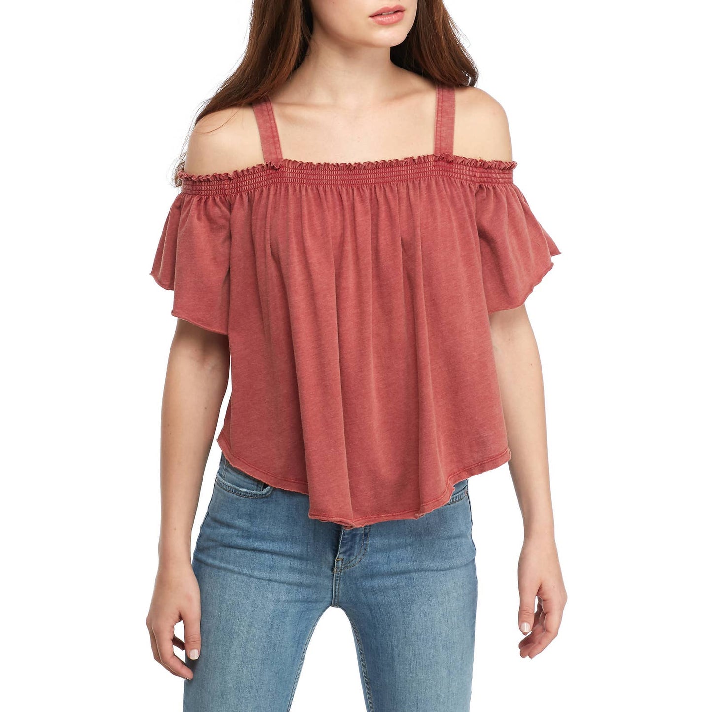 FREE PEOPLE Red Cold Shoulder Distressed Top Large NEW