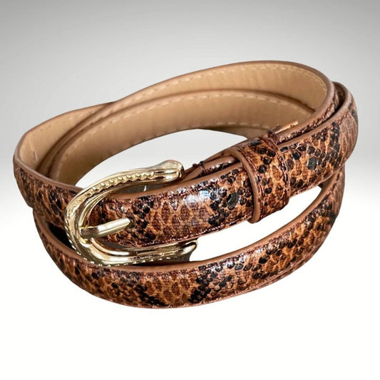 Brown Textured Snakeskin Vegan Belt with Gold Tone Hardware