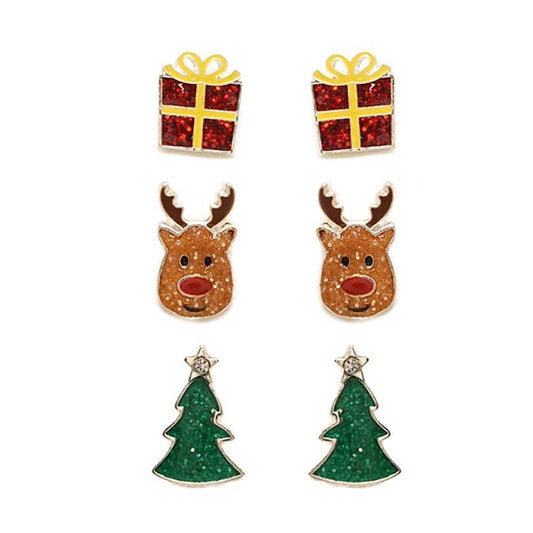 Christmas Set of Glitter Post Earrings Gift, Rudolph, Trees 3 Pair