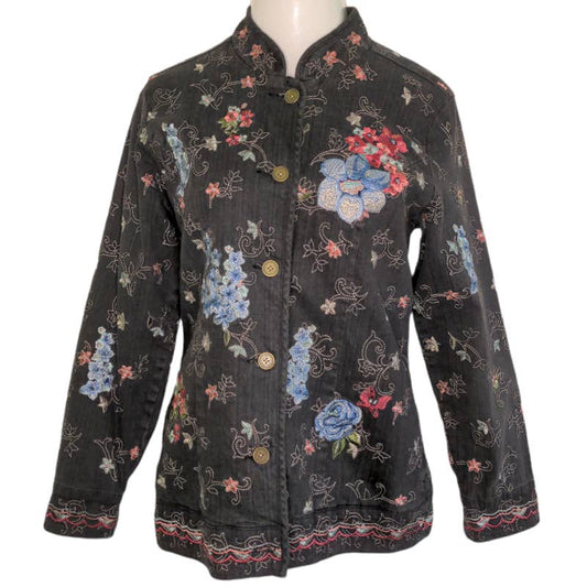DENIM & CO. Black Denim Floral Embroidered Blazer Mandarin Collar Medium