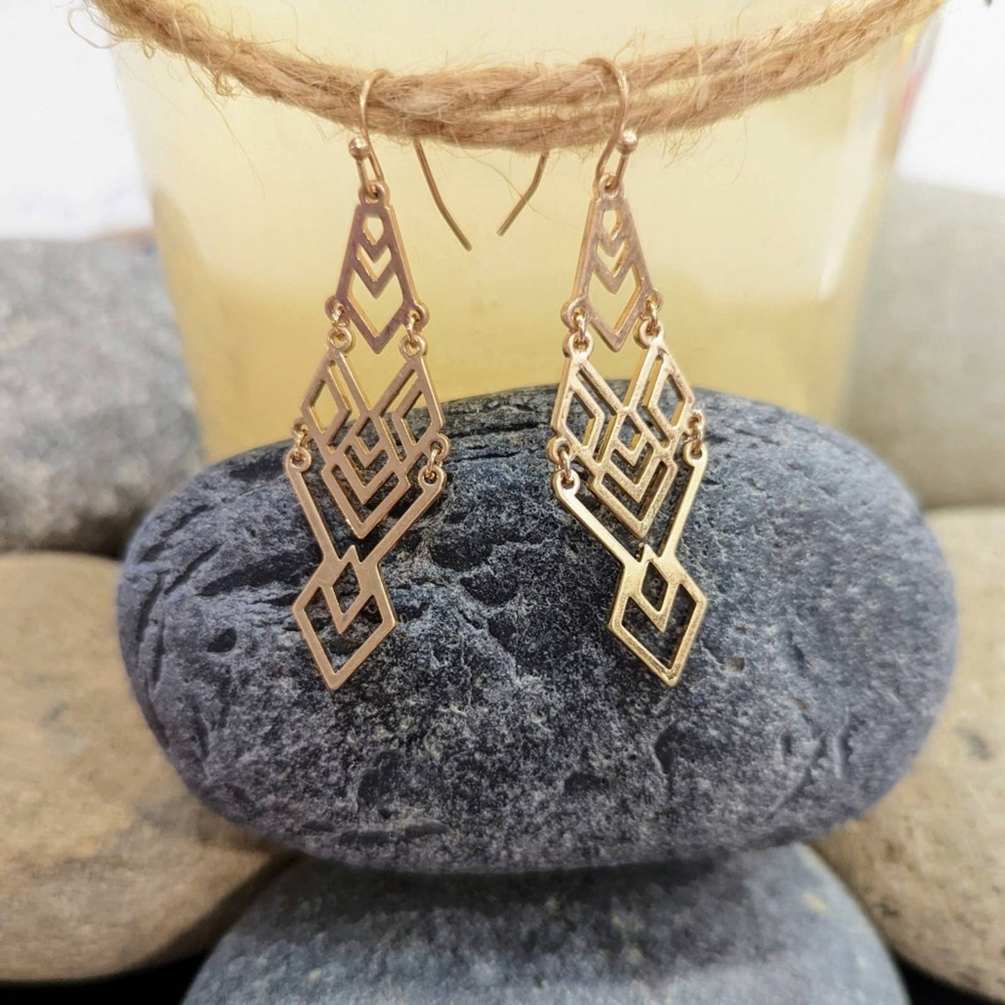 Aztec Geometric Gold Dangle Statement Hook Earrings