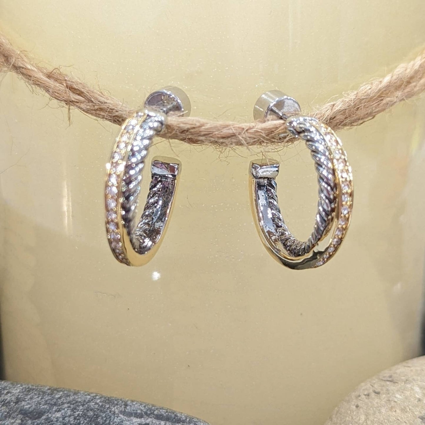 GOLD SILVER Two Tone Sparkle Twisted Rope Hoop Earrings