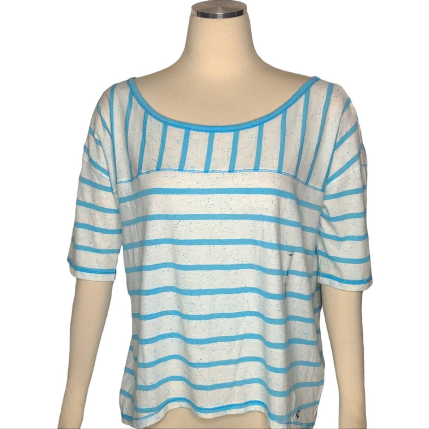 HOLLISTER White Teal Burnout Striped Tee Large NEW