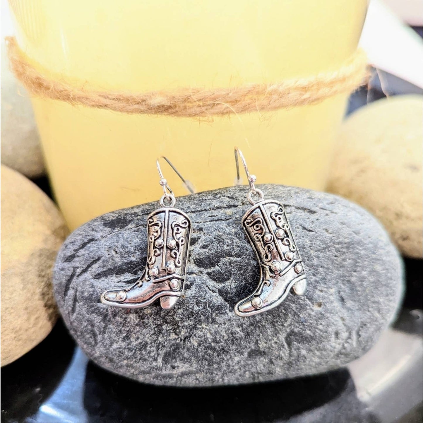 Silver Western Cowgirl Cowboy Boot Hook Earrings with a Distressed Look