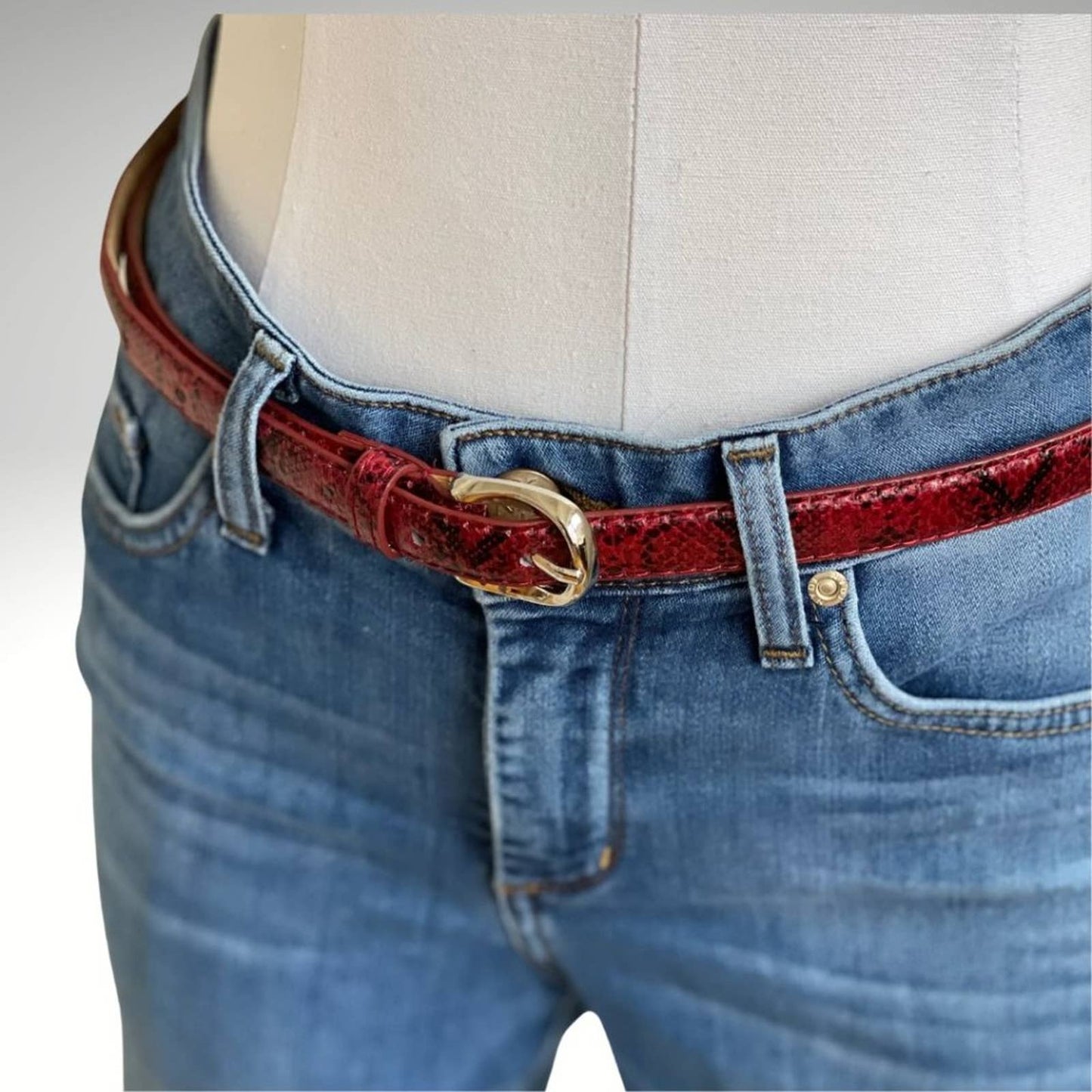 Red Textured Faux Snakeskin Textured Women's Belt with Gold Tone Hardware